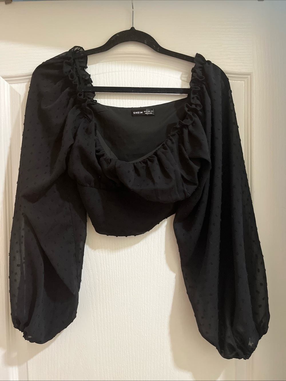 SHEIN Black Swiss Dot Ruffle Puff Sleeve Crop Top